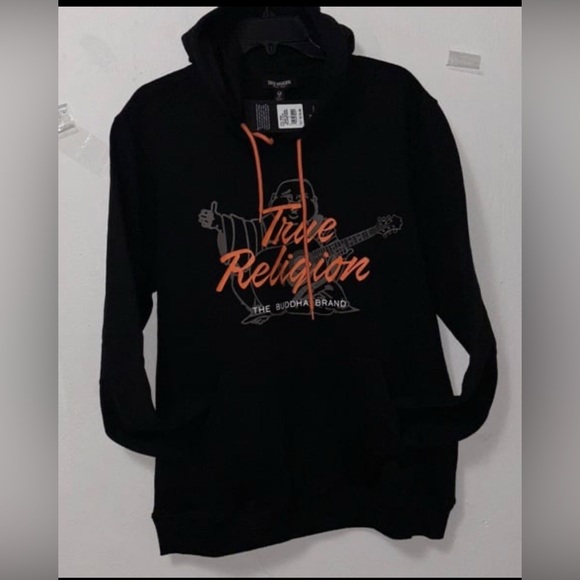 True Religion Mens Large Fleece Script Buddha Pullover Hoodie black NWT - Picture 1 of 3